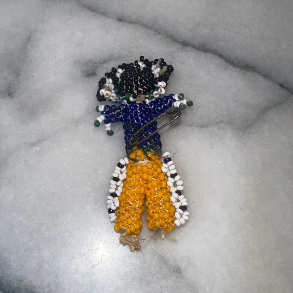 Vintage Handcrafted Indian Beaded Doll Pin Blue Yellow Seed Bead Folk Art Brooch